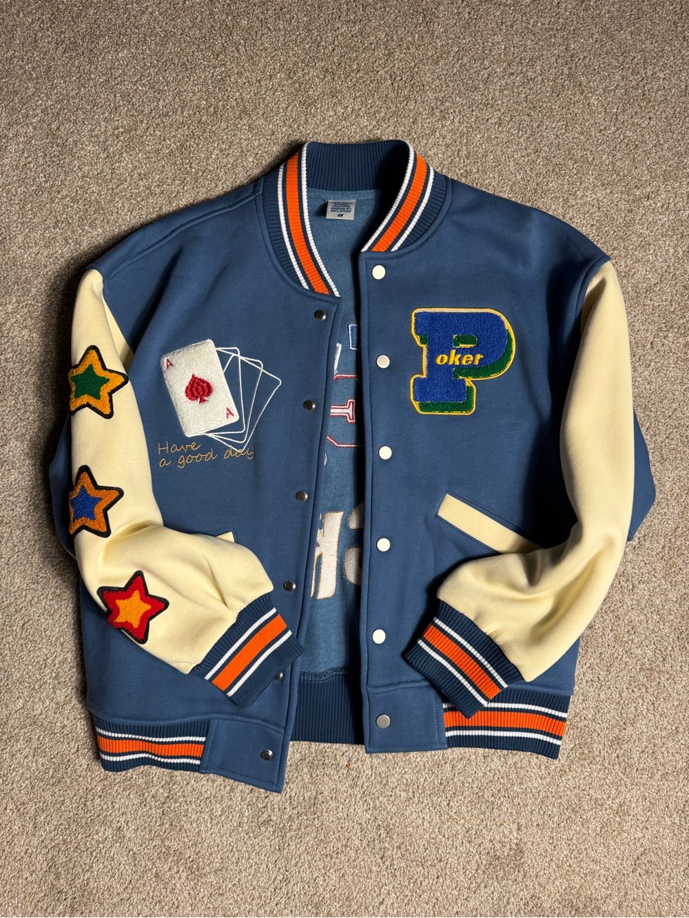 Blue & Cream 'P' Patch Varsity Jacket with Star and Card Appliqués - Picture 1 of 4
